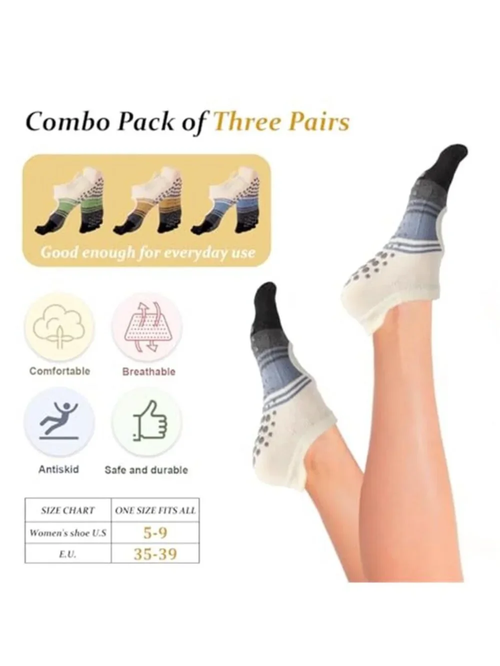 3 Pairs Women's Pilates Socks with Grips Yoga Socks Non-Slip Yoga Socks with Toe